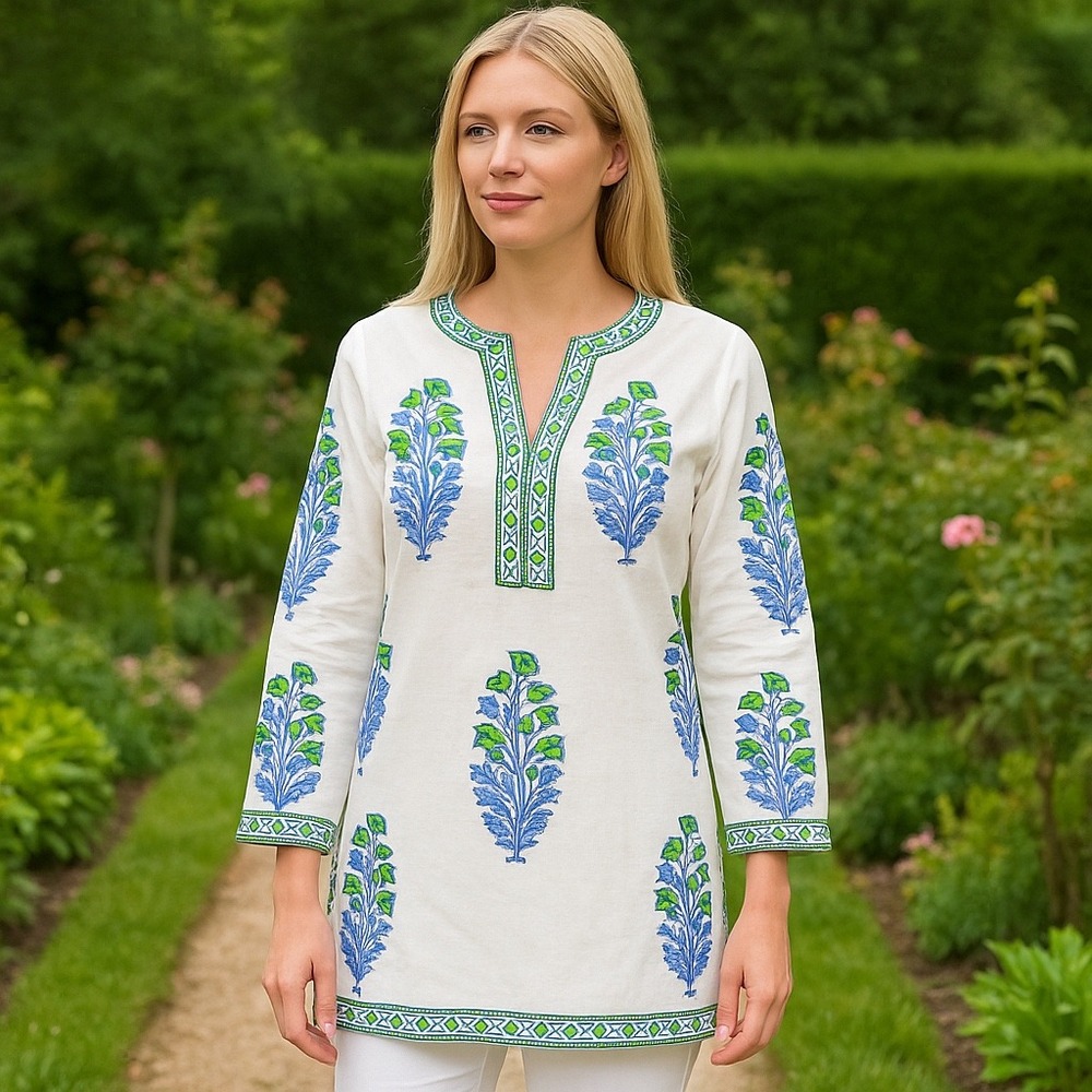 Gretchen Scott 100% Cotton White/Green/Blue Floral Split Neck Tunic Top Size S